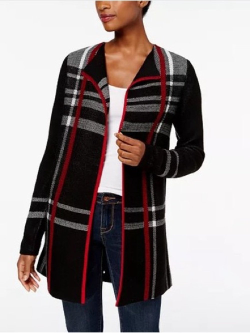Charter Club Black Plaid Wool Cardigan